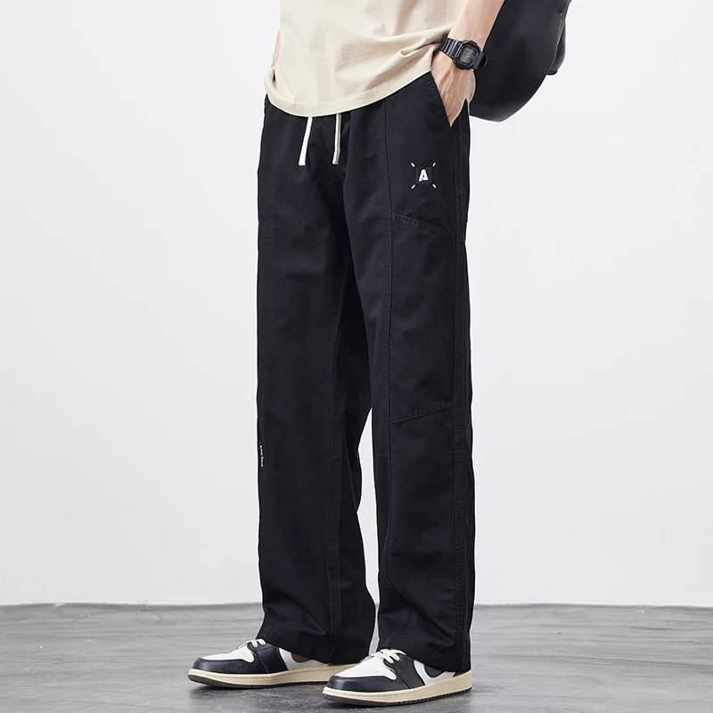 Kuvine2025秋季新款复古休闲裤潮流阔腿垂感宽松直筒松紧腰长裤子