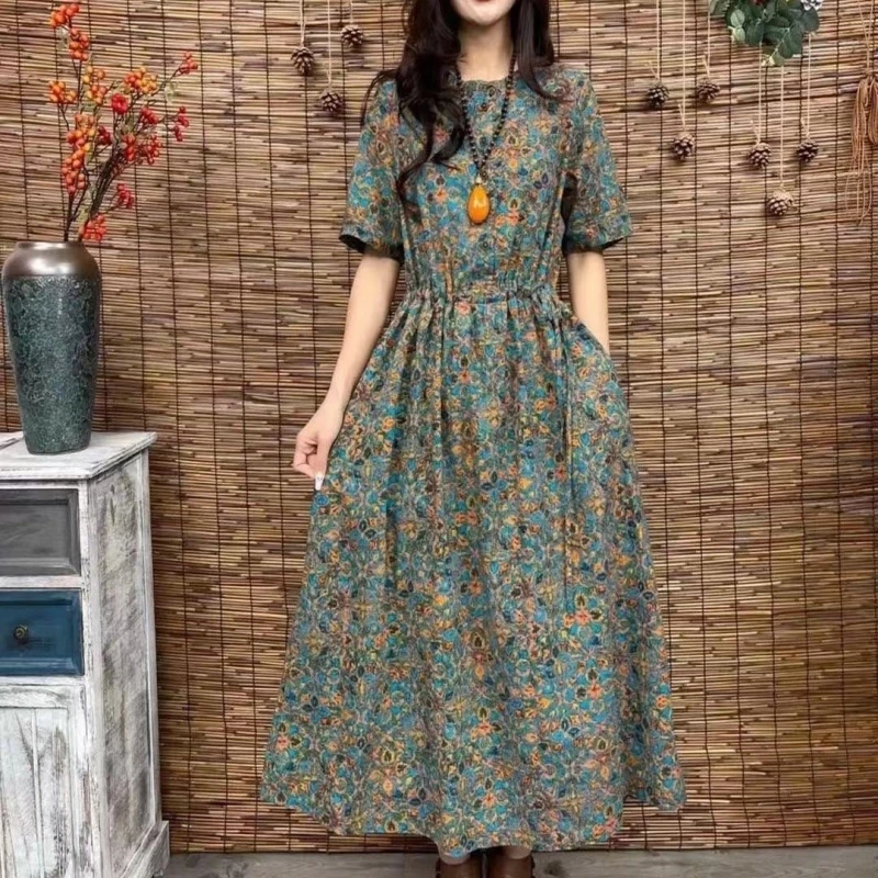 棉麻碎花文艺复古连衣裙夏季长款收腰2025新款遮肉显瘦胖MM