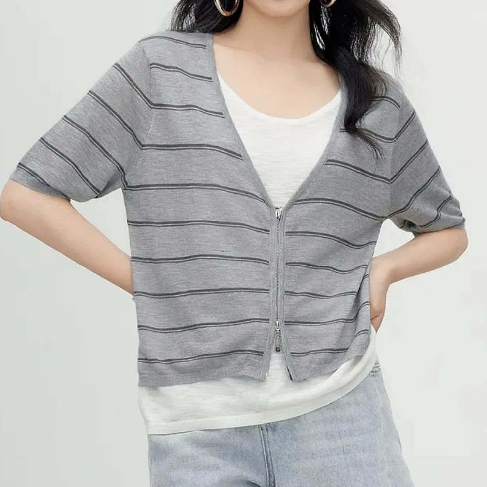 设计师款·条纹简约凉感拉链假两件针织短袖女夏