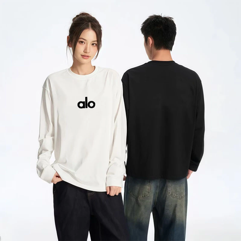 潮牌刺绣款T恤长袖男女同款时尚迪桑棉休闲打底圆领长袖刺绣alo