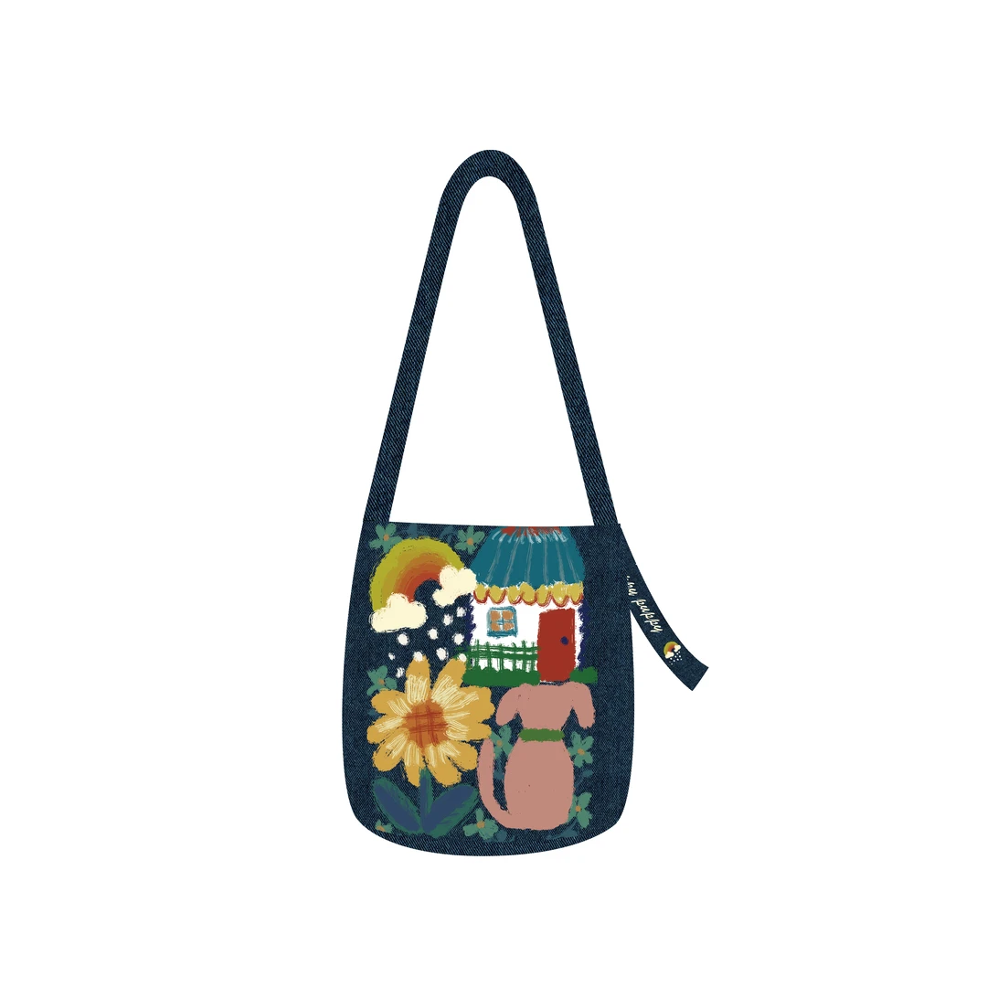 插画师原创彩虹花喵屋系列百搭飘带水桶包单肩斜跨手提小众通勤