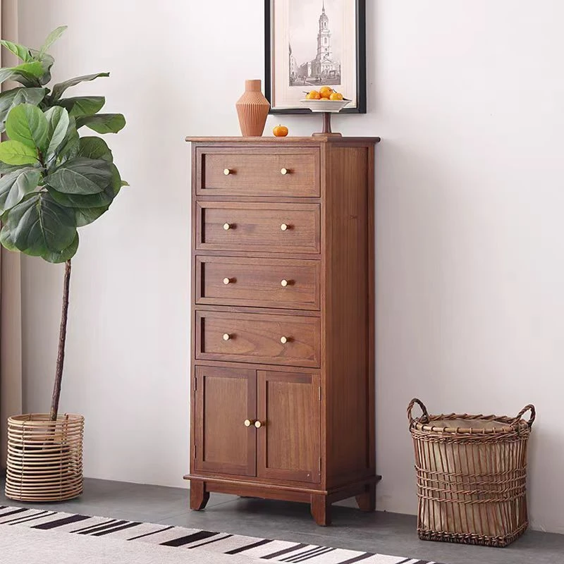 美式实木斗柜客厅边柜多功能带门抽屉式收纳柜子胡桃色简约五斗柜