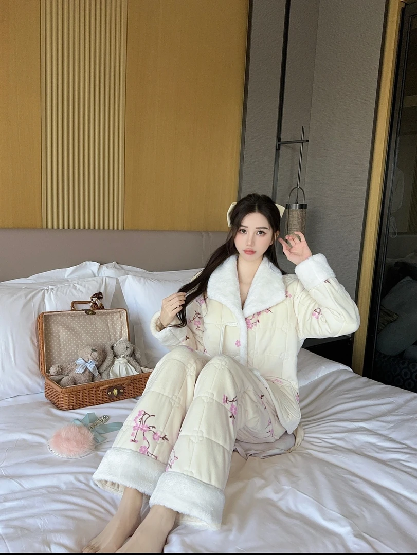 【花开富贵】2025年梅花款桑蚕丝三层夹棉加厚秋冬家居服