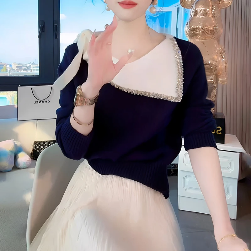 2025春秋季新款女士法式时尚撞色不规则翻领漂亮针织小衫长袖上衣