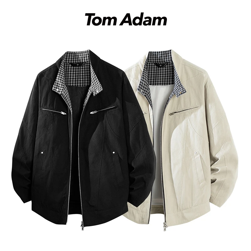 TOMADAM美式秋季拼接防风运动日系工装男款宽松学院风夹克翻领