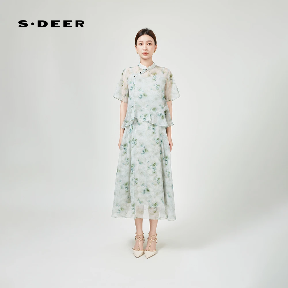 S·DEER圣迪奥气质轻奢新中式碎花舒适显瘦夏季短袖衬衫S243Z0401