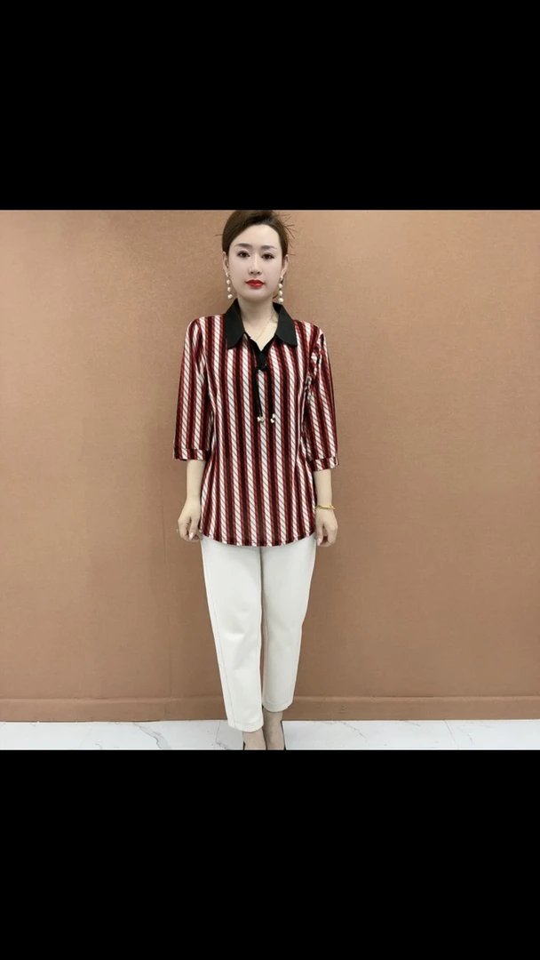 翻领中长款时尚条纹中老年女装宽松显瘦百搭中袖七分袖小衫T恤