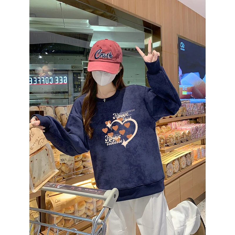 美式扎染加绒加厚圆领卫衣女2025秋冬新款设计感套头休闲上衣外套