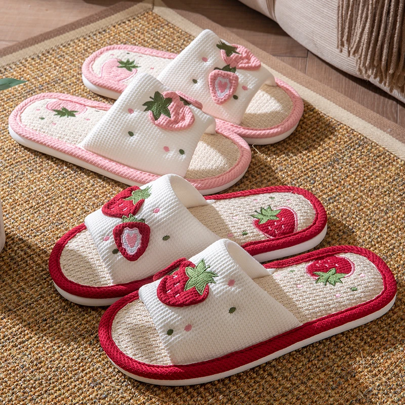 启布熊水果四季亚麻拖鞋女款春秋季静音居家吸汗家居棉麻