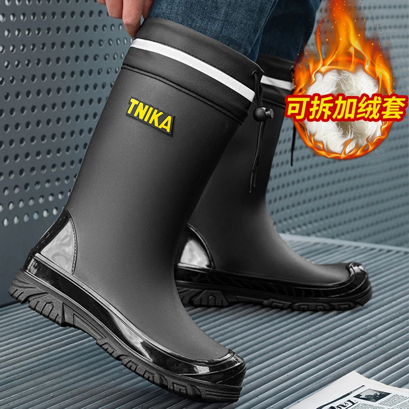 雨鞋男款秋冬松紧口拉绳高筒雨靴防滑钓鱼长筒厚底胶鞋春夏款