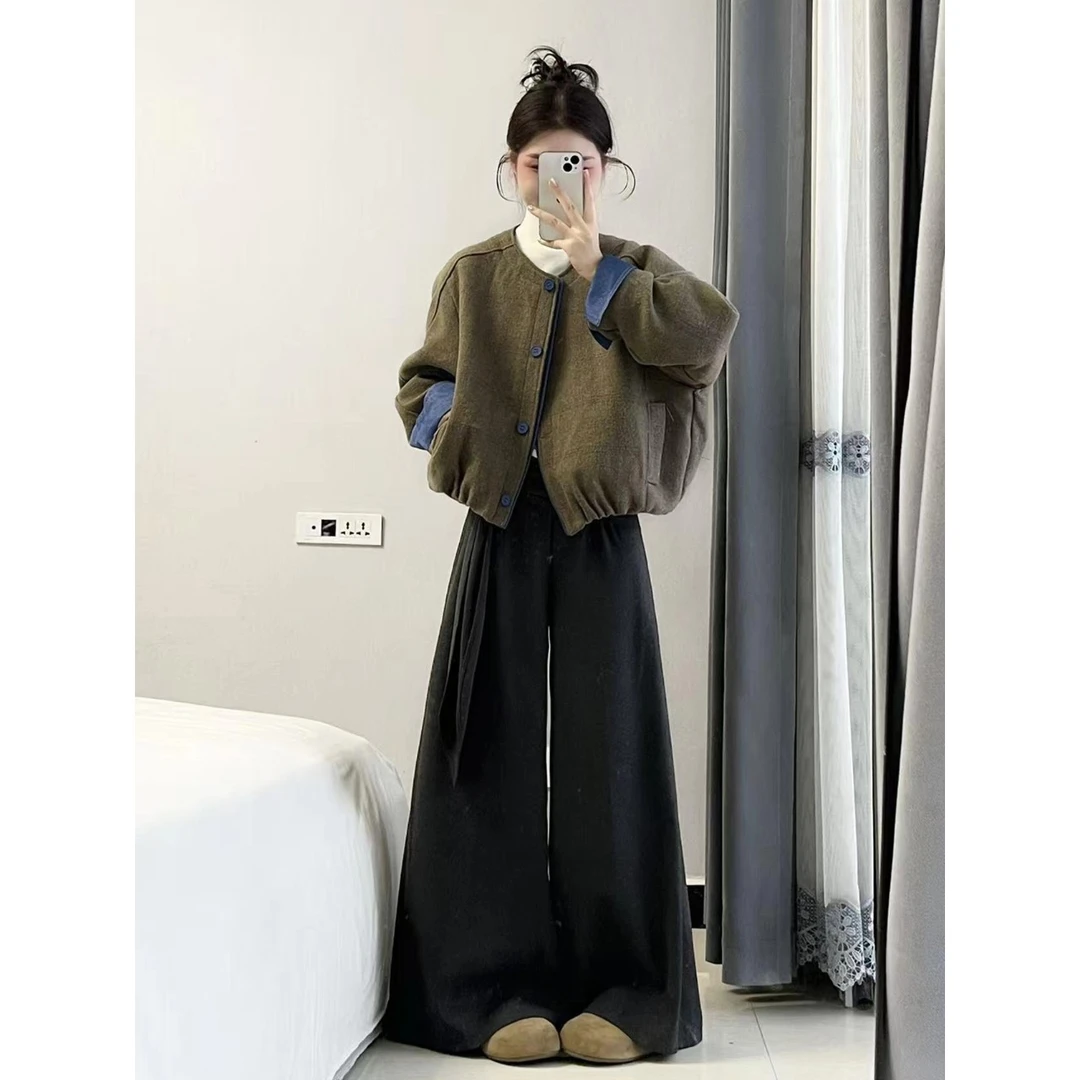 韩系复古撞色短外套阔腿裤子秋冬独特设计感漂亮慵懒风两件套装女