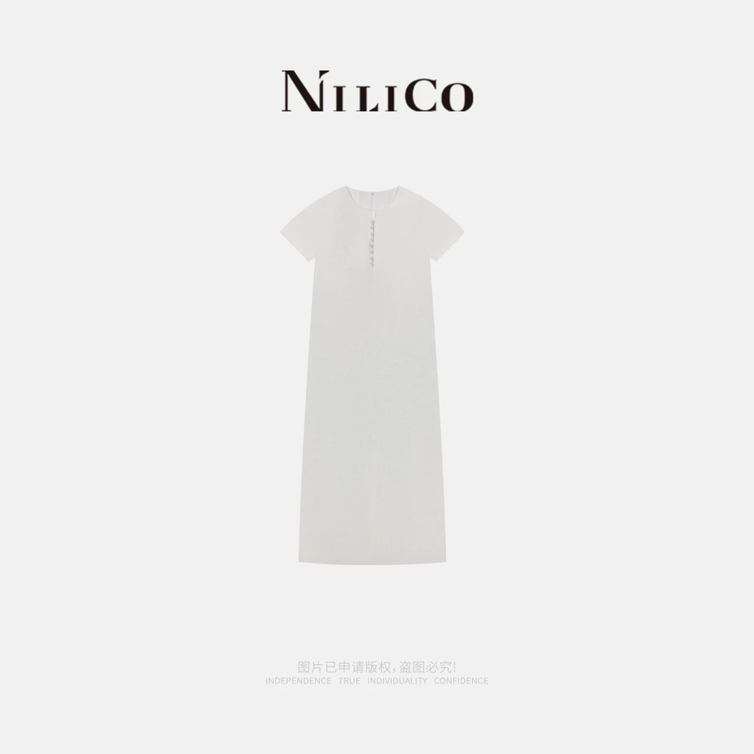 NILICO[落落大方]极简风通勤亚麻短袖直筒气质连衣裙欧若风