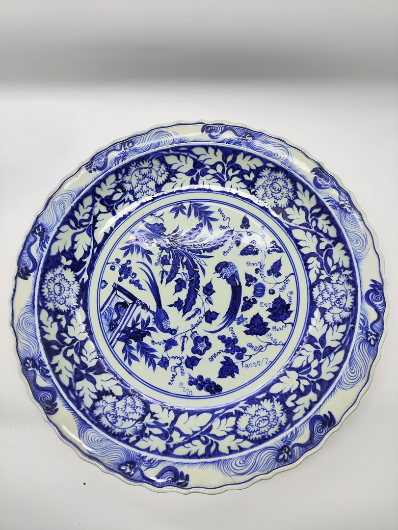 折沿大盘苏玛丽青釉下彩龙纹陶瓷青花瓷中式蓝色家用圆形碟子缠枝