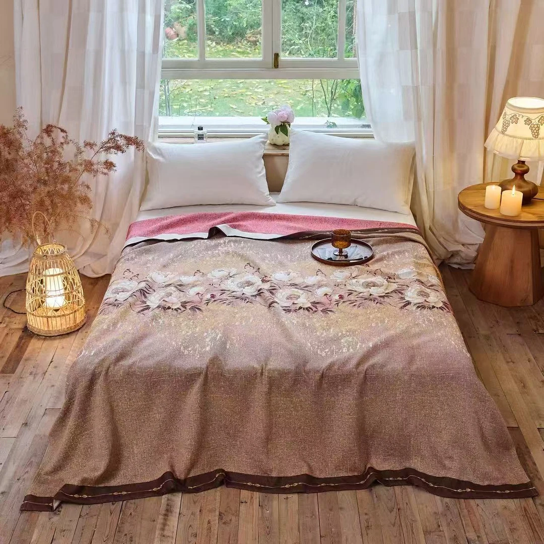 床盖毯【蝴蝶花语】2x2.3米 高端轻奢棉麻双人四季多功能床盖毯