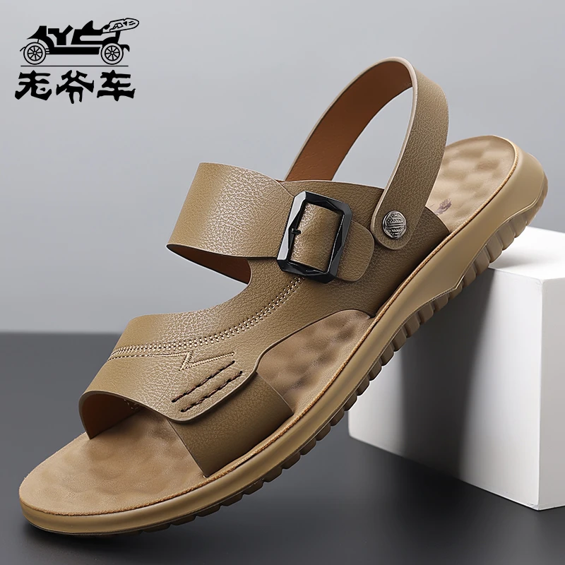 老爷车透气沙滩鞋男款休闲风耐磨男士防滑凉鞋软底时尚男鞋8L真皮