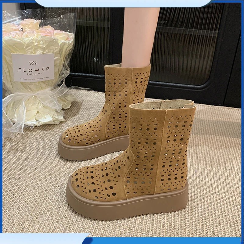 厚底增高4.5cm薄款镂空网靴女2025夏季新款凉鞋百搭平底洞洞靴子