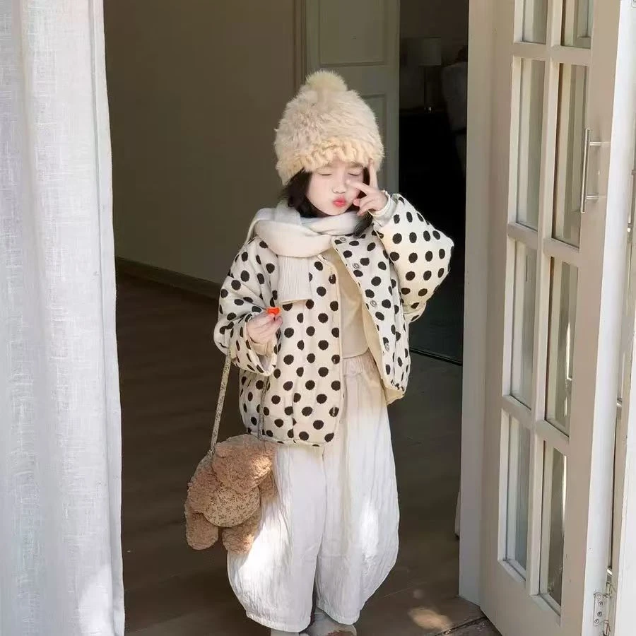女童冬季时尚套装新款韩版波点圆领棉服洋气宽松百搭外套秋冬季