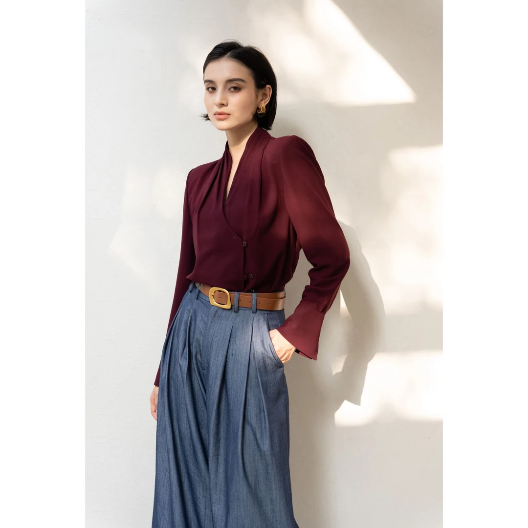 【美颈衬衫】领部立体手工褶轻中式时髦宽松精英风秋季女衬衫（裱里）