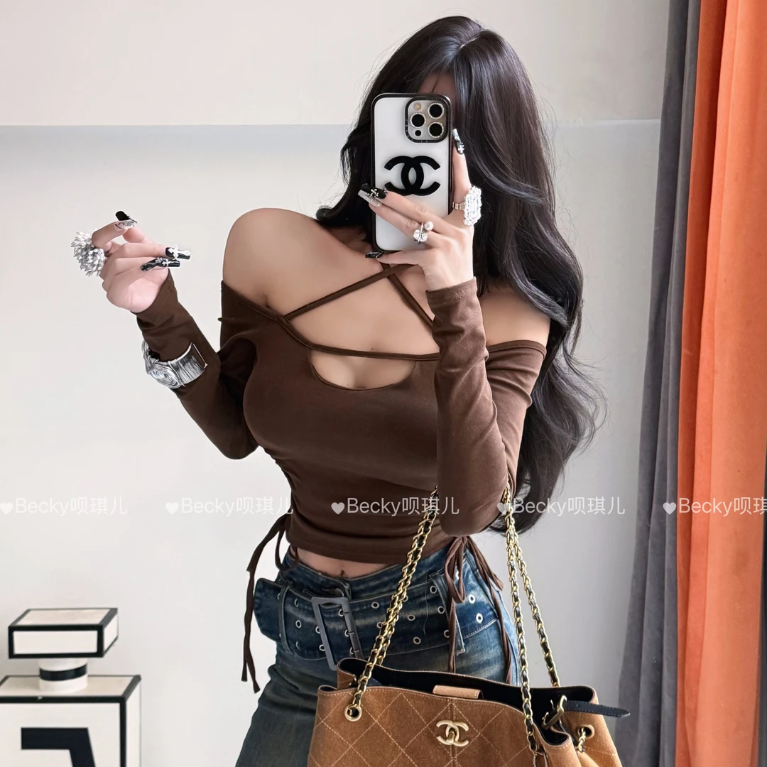 Velvet Bear ♕韩版短款性感公主风T恤长袖挂脖镂空内搭抽绳修身