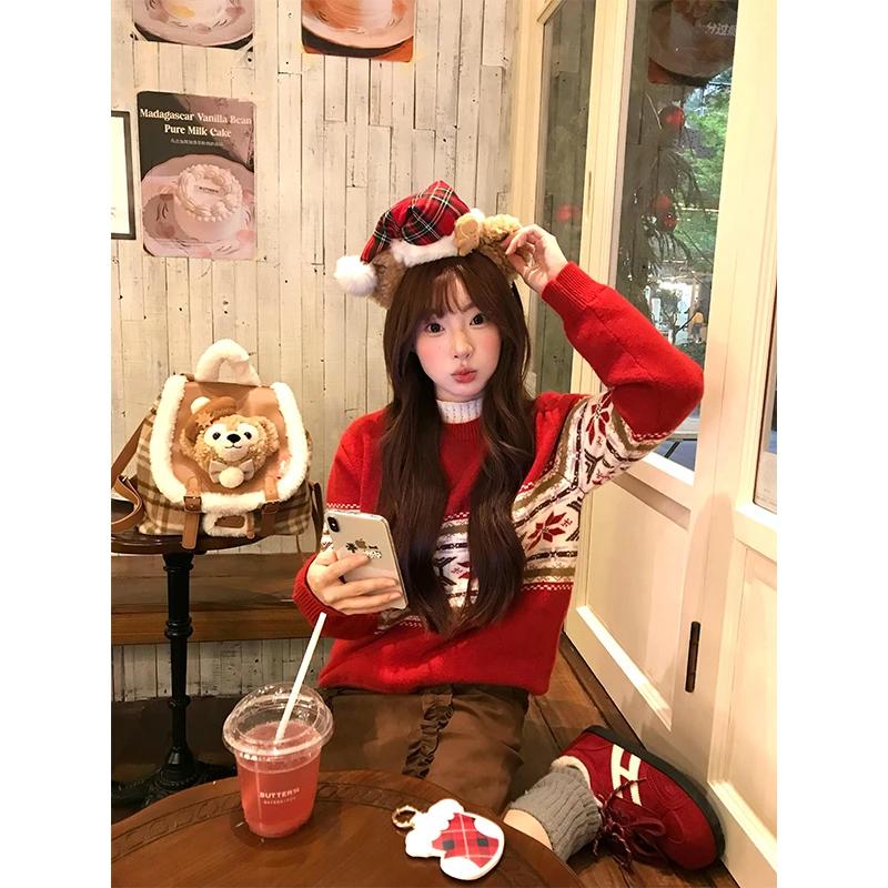 针织衫女费尔岛复古提花氛围感红色圆领长袖上衣秋冬季保暖毛衣