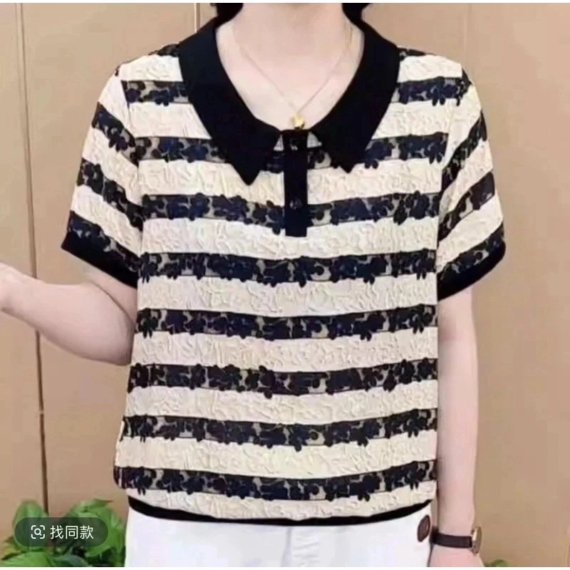 夏装时尚条纹娃娃领短袖春装t恤女洋气减龄上衣休闲宽松衣服小衫1
