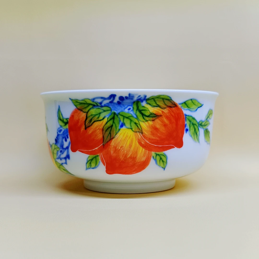 景德镇陶瓷手工手绘釉下五彩万寿余地碗寿桃茶碗生日礼品
