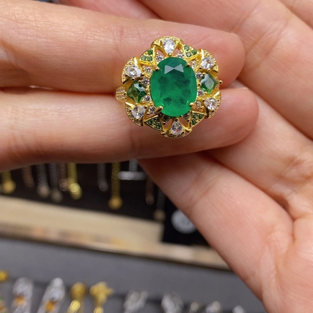 戒指祖母绿银S925镶嵌