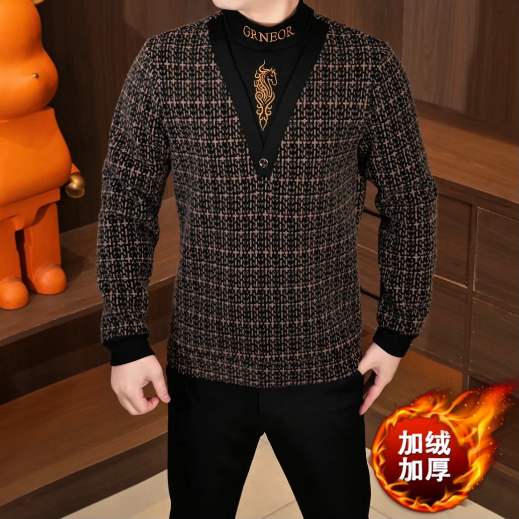 冬季男士假两件卫衣长袖打底衫马年刺绣字母加绒加厚休闲时尚潮流