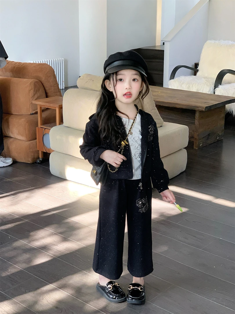 女童撒银烫钻套装2025春装新款小女孩时髦洋气外套+阔腿裤两件套