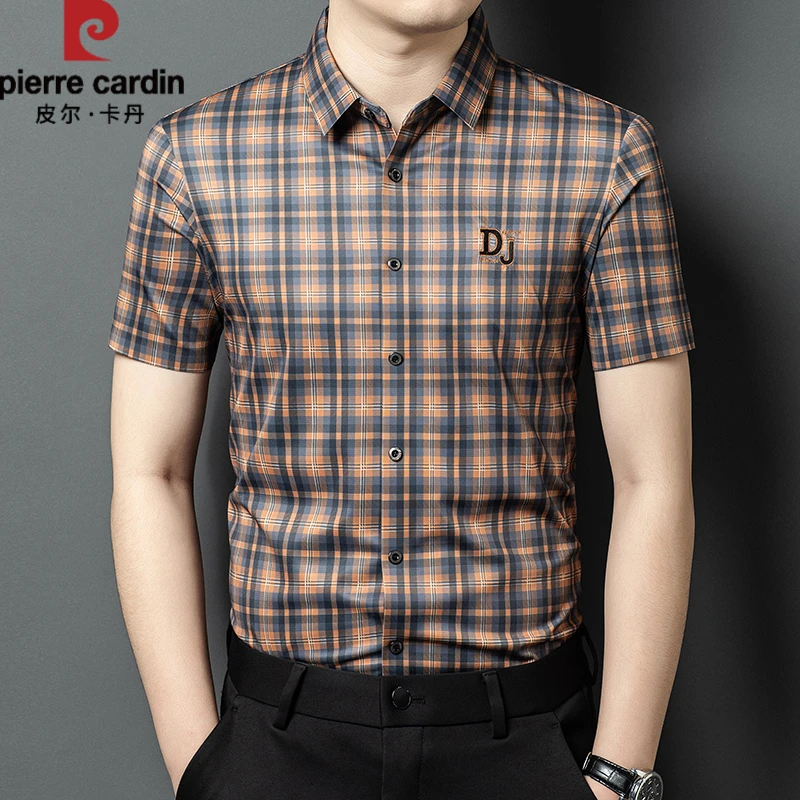 皮尔卡丹男士格子短袖衬衫夏季时尚潮流设计高级感刺绣休闲衬衣