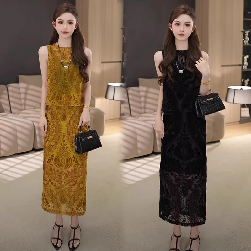 时尚套装裙女2025夏季新款时髦洋气无袖上衣开叉半身裙提花两件套