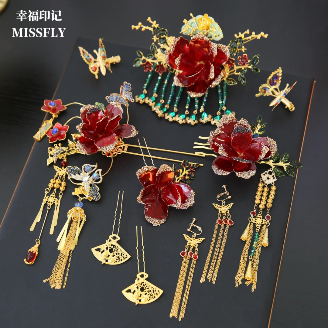 红色造液玫瑰花绿珠古风发簪秀禾头饰新娘结婚龙凤褂汉服旗袍发饰