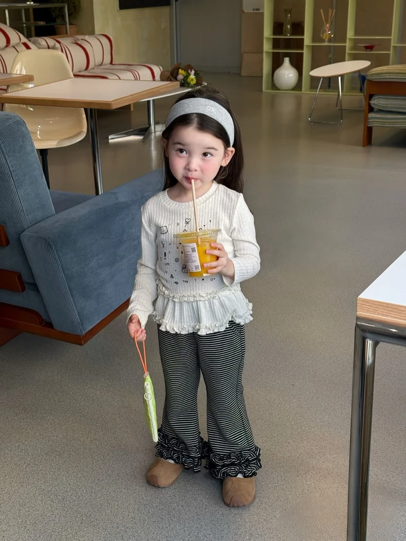 2025秋上新女童卡通印花长袖甜美可爱条纹裤套装洋气百搭两件套