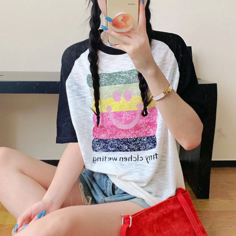 【香嘉怡新品】XJYE701778冰爽竹节袖笑脸提花圆领夏季气质针织衫