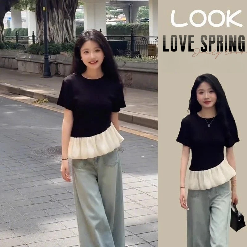 设计感打底衫上衣2025夏季新款气质拼接芭蕾风荷叶边短袖T恤女装