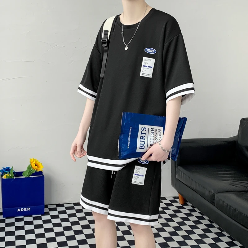 初高中学生冰丝短袖t恤男青少年夏装帅气大童七分袖休闲运动套装