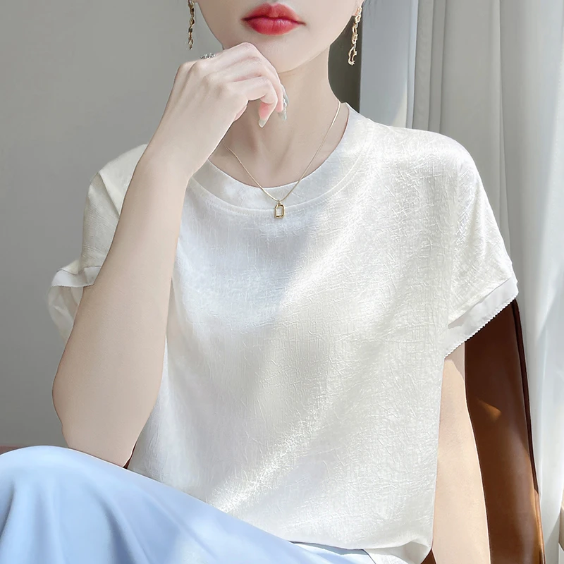 真丝短袖女款爆款2025新款圆领薄款透气半袖打底衫千金风休闲上衣