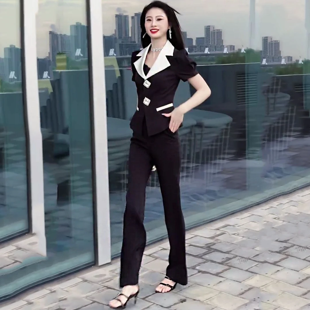 夏季新款气质时髦通勤设计名媛短袖西服喇叭裤套装遮肚子显瘦职场