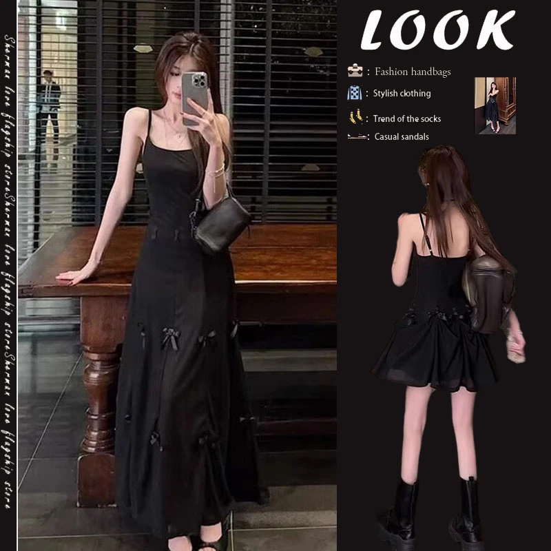 夏季韩系赫本风小个子气质高级感减龄蝴蝶结收腰显瘦吊带连衣裙女