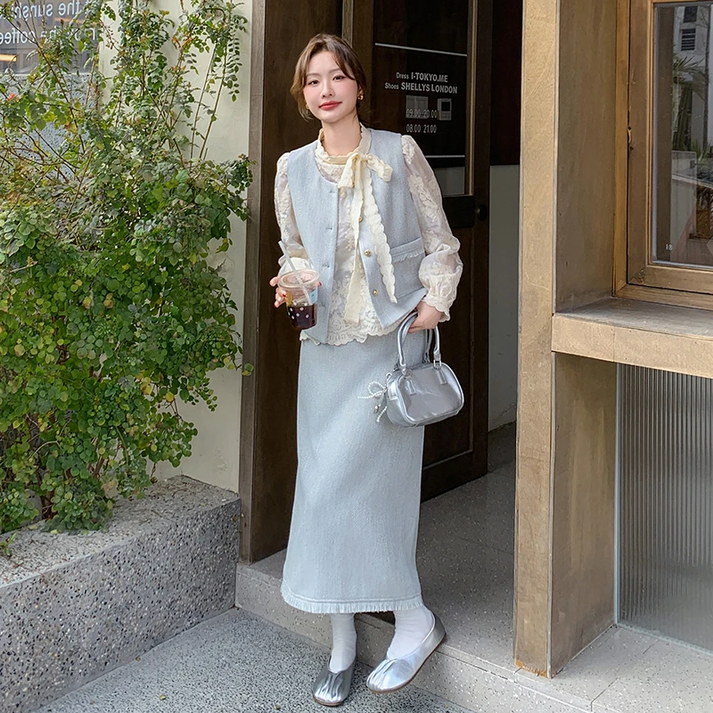 高级感气质小香风套装裙春秋季新款减龄显瘦上衣马甲半身裙三件套