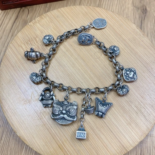 足银手链 英英手工錾刻编绳手链项链两用款