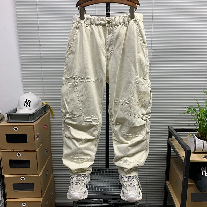 工装潮牌直筒宽松阔腿裤男高街潮牌做旧痞帅休闲宽松潮流百搭长裤