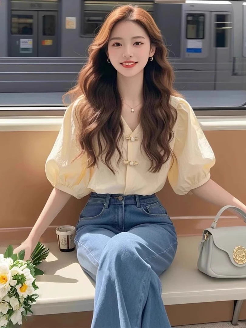 2025新中式短袖衬衫女夏季轻奢高级感温柔气质法式多巴胺服装女