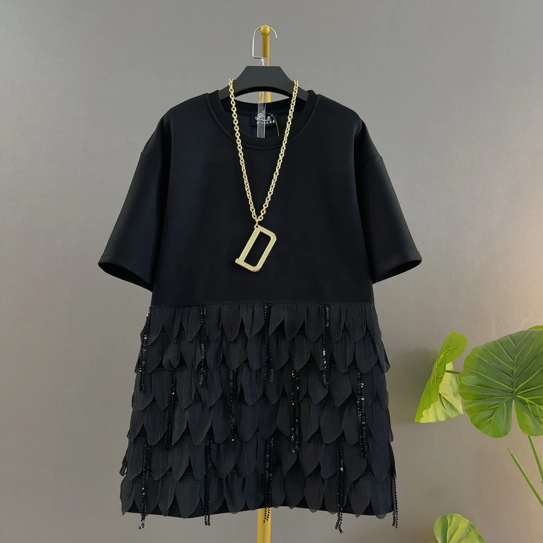 新款圆领设计感花瓣流苏中长款宽松胖妹妹遮肉大码女时尚半袖上衣