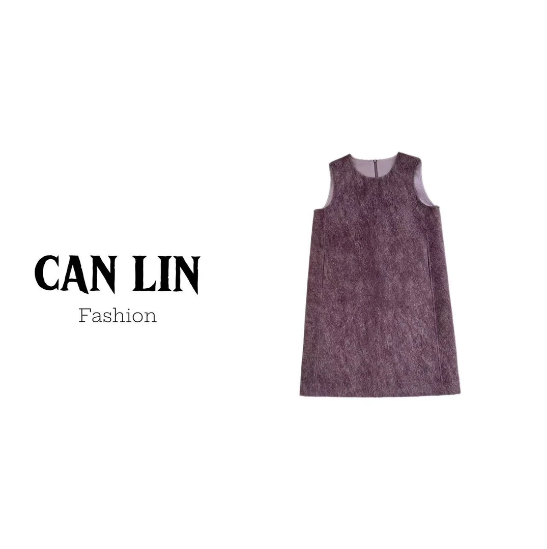 CAN LIN秋款圆领无袖皮马绒连衣裙高级设计感宽松显瘦慵懒风女