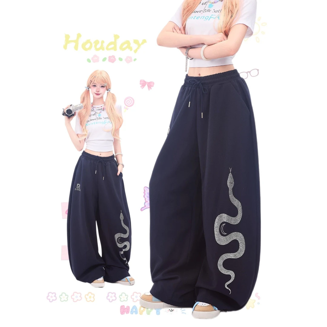 美式复古蛇年烫钻印花弯刀卫裤男女爵士舞宽松阔腿裤潮时尚百搭