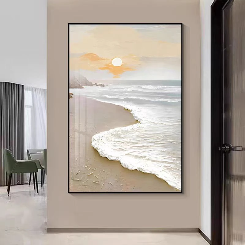 S18-现代简约玄关装饰沙滩风景入户正对门背景墙极简轻奢大幅挂画