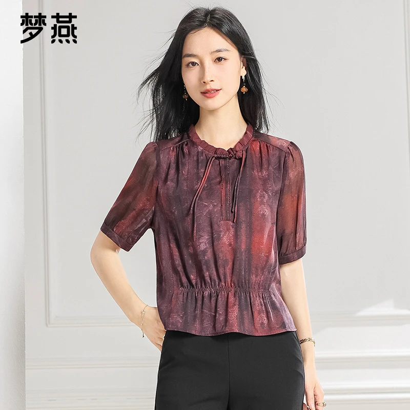 梦燕夏季女时尚百搭气质大方宽松休闲印花真丝复古上衣BS01B5011