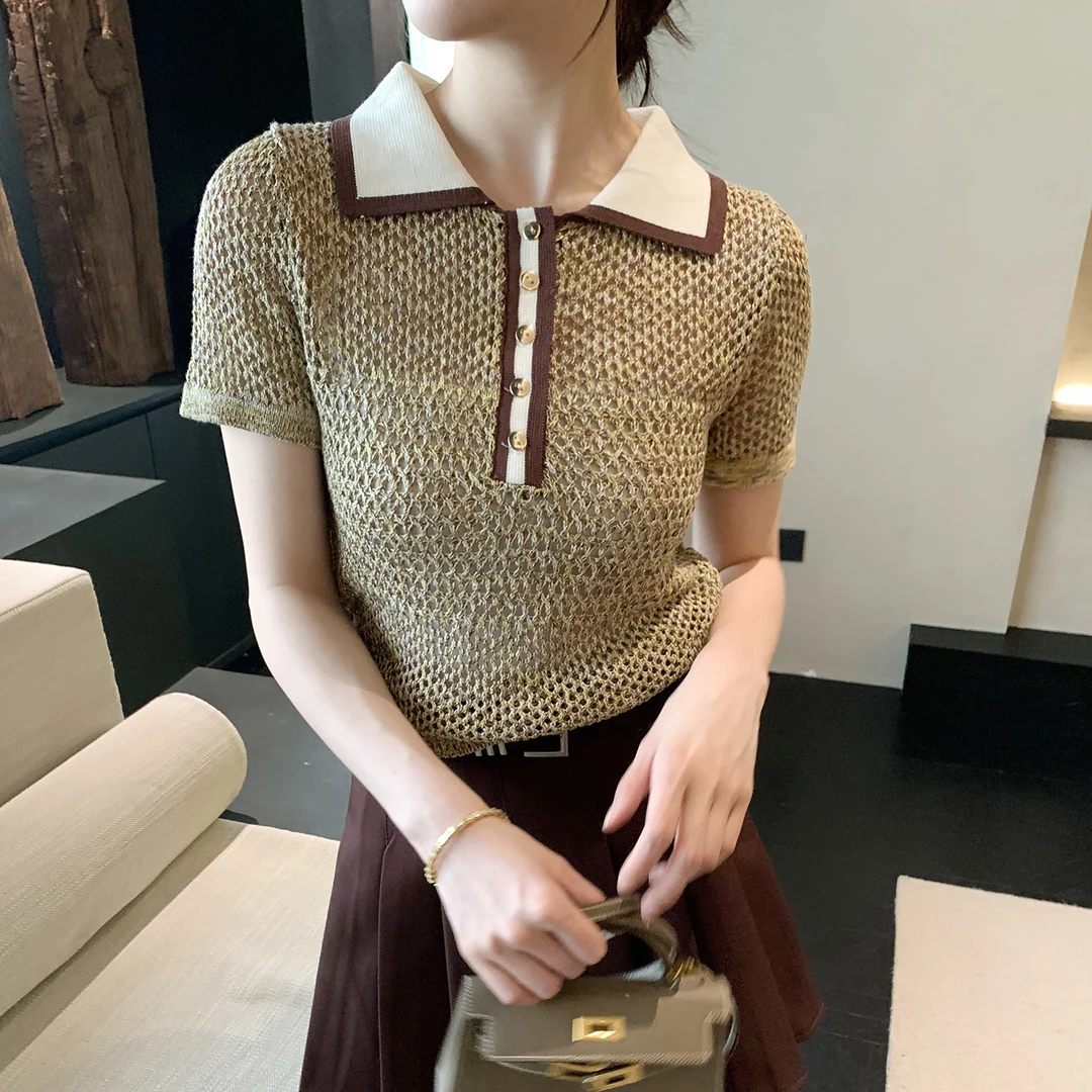 dd【棕调复古】夏季镂空复古撞色polo针织短袖T恤女井3622