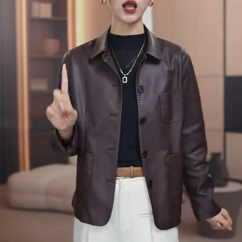 海宁短款皮衣女2025春新款时尚休闲妈妈翻领宽松皮夹克小外套短款